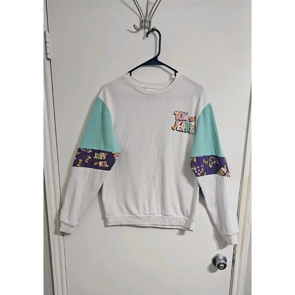 Tom & Jerry Pullover Sweatshirt Sz Youth Large White Purple Classic 90's Cartoon